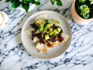 Plate of Grain Free Tortillas with Tex Mex Mushroom and Spinach Topping-Sugar Addiction